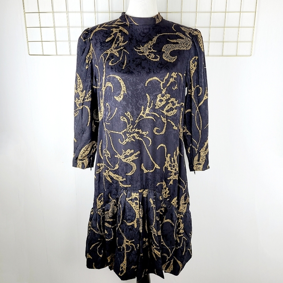 Pauline Trigere Black Gold Jacquard Drop Waist Evening Vintage Dress - Picture 1 of 12